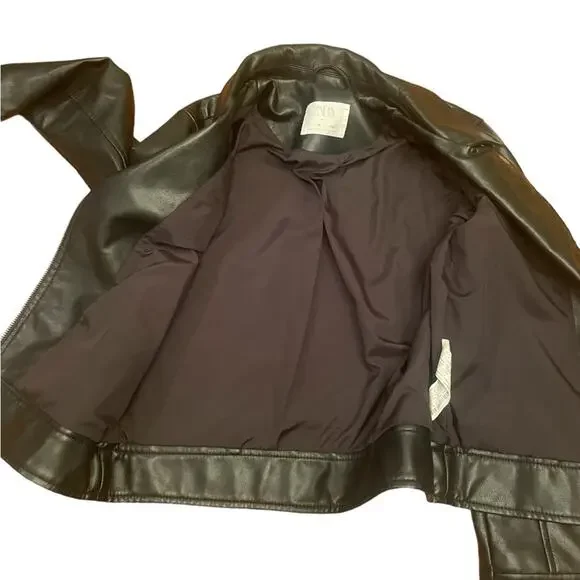 Zara kids black faux leather biker jacket size 10 unisex